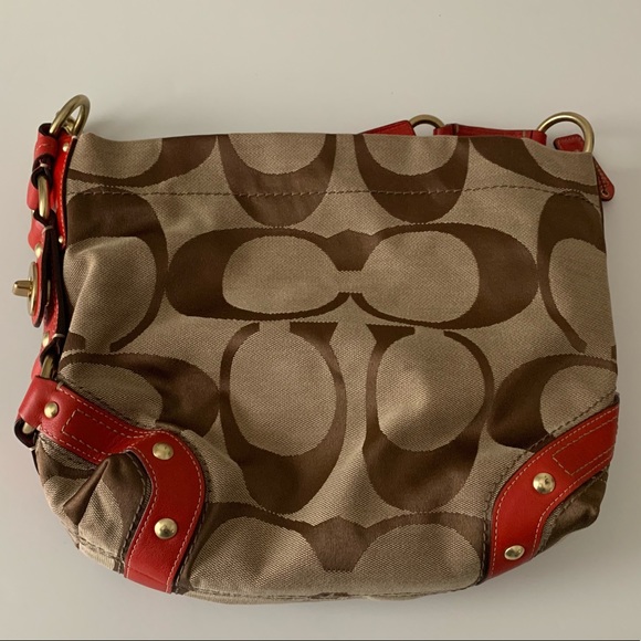 Beige Carly Hobo Coach Bag with Red Handle - Picture 1 of 3